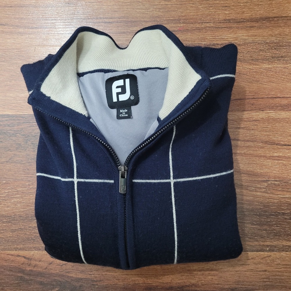FootJoy Mens Wool Full Zip Golf Sweater Navy Blue Windowpane Lined XLarge FJ
